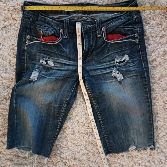 Women’s Doll House Shorts Denim Blue Rock Steampunk Studded Embroidered Thrashed - Picture 6 of 8